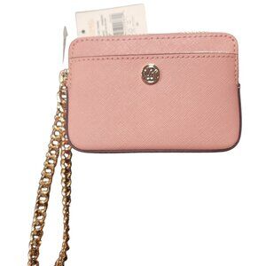 Michael Kors Zip Around Leather Chain Card Case in Primrose Gold-tone Hardware